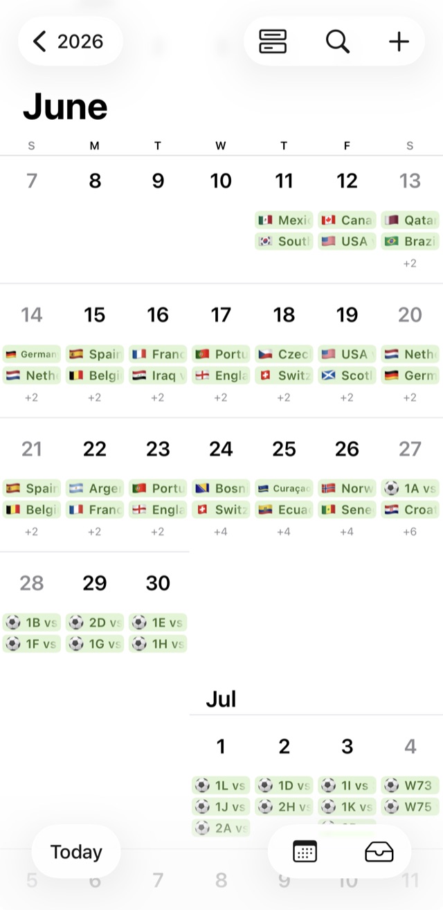 Calendario del Mundial 2026 en un iPhone: los partidos con fechas, horarios y banderas de cada selección.